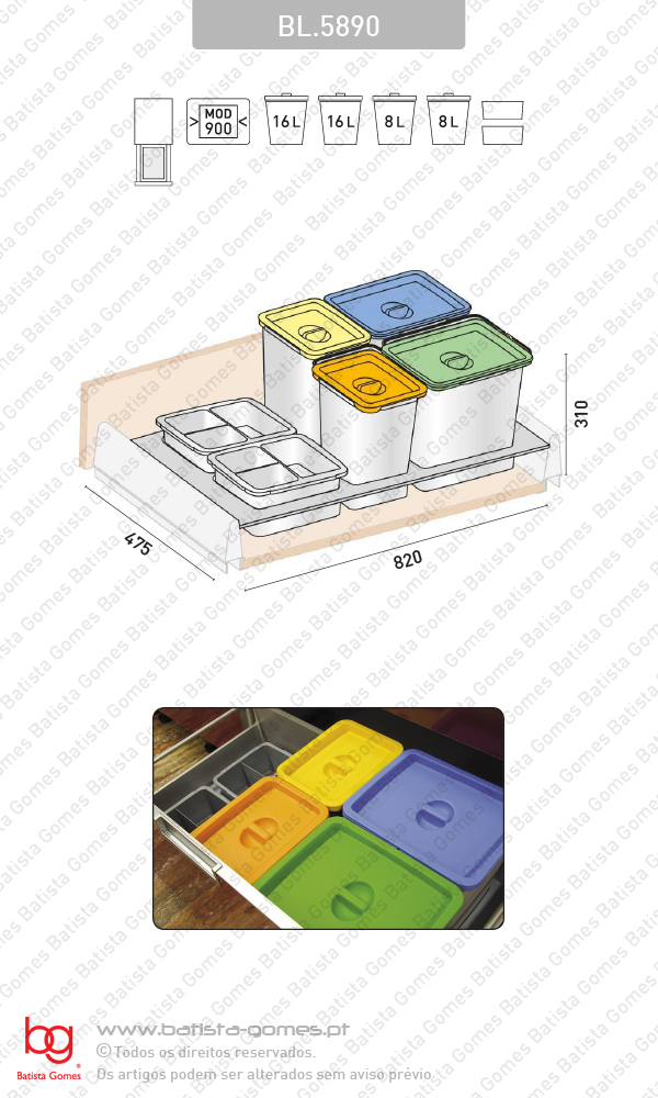 Sistema de baldes para lixo - Para gavet�es - M�d. 900 - 48L